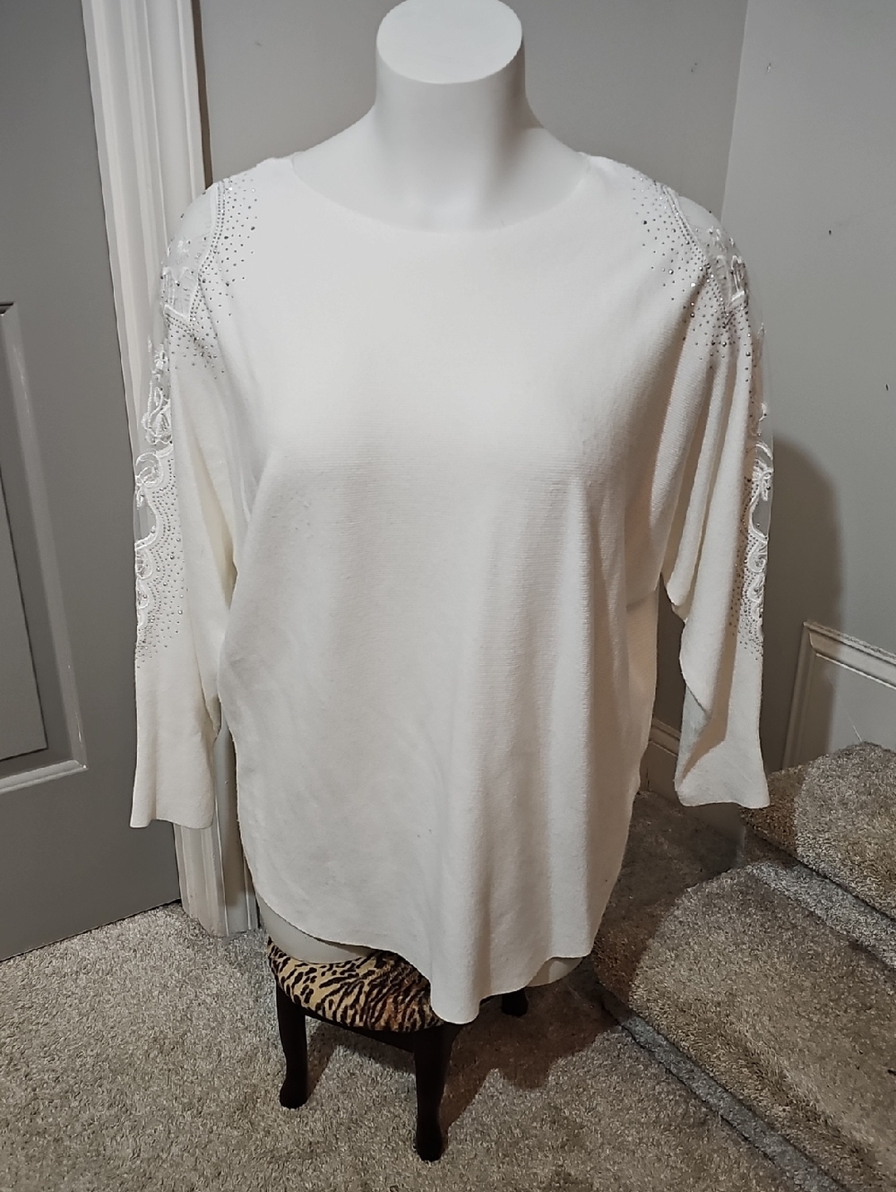 Tahari White Embellished Lace-Sleeve Crewneck Sweater